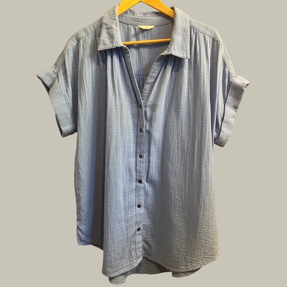 Caslon Button Down Shirt Women Large Dusty Blue Short Sleeve Gauze Cotton Casual